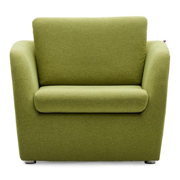 armchair, designed with a subtle sloped silhouette.