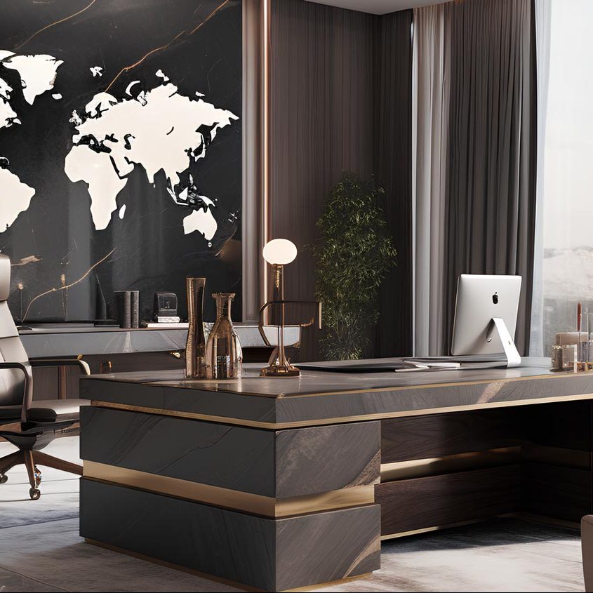 Luxury CEO office interior design with a world map decor