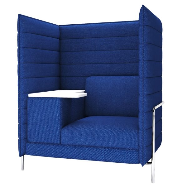 Privacy lounge seating with a build in desk for a laptop and coffee
