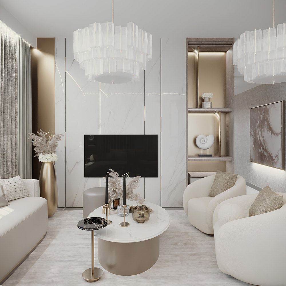 A living room interior design with a TV-wall unit, a sofa and 2 armchairs