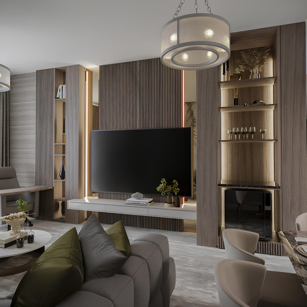 A stylish modern living room interior design in a high-end apartment in Dubai