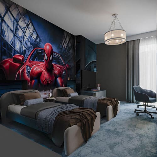 A boys room with a superhero wallpaper poster