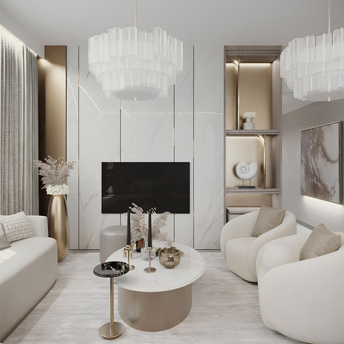 A living room interior design with a TV wall unit a sofa and 2 armchairs in light colors