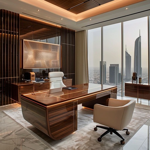 A luxurious office with a dark mahogany desk, a classic tufted leather chair, gold accents, and a vintage globe for a sophisticated look.