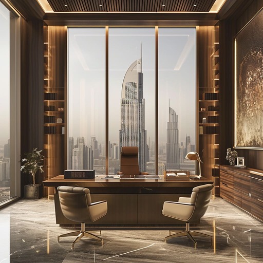 A serene office with a dark wood desk, a luxury chair.