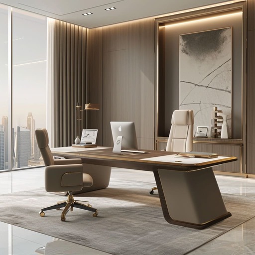 A sophisticated office with a large desk, a modern chair