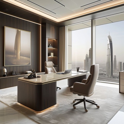 The CEO's office exudes authority with a central black leather executive chair, paired with warm marble flooring and carefully chosen abstract wall art that adds a touch of creativity to the space.