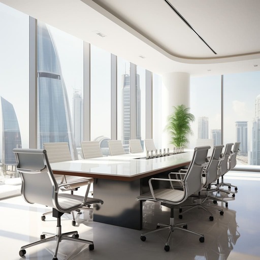 An urban-style office meeting room with a white desk, ergonomic chairs, and large windows.