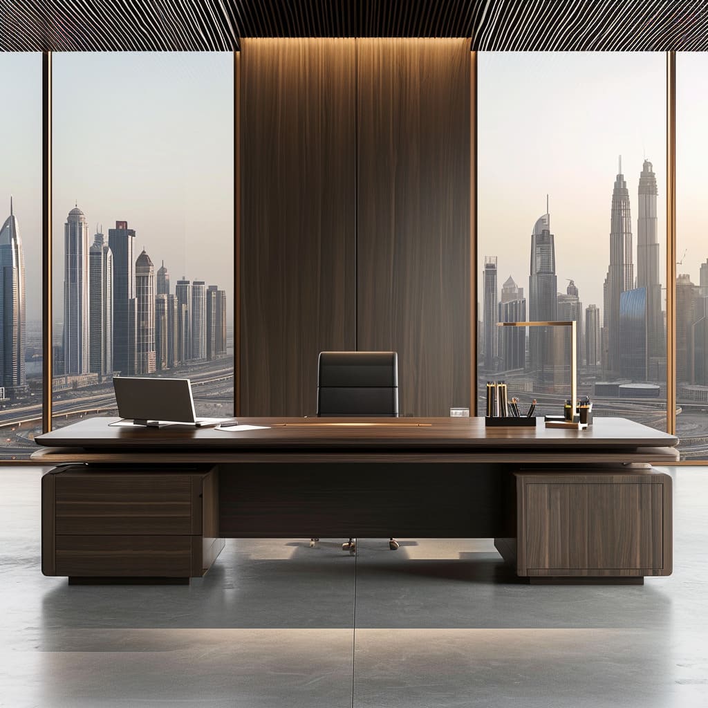 Modern minimalist interior with a large woking desk for the company founder