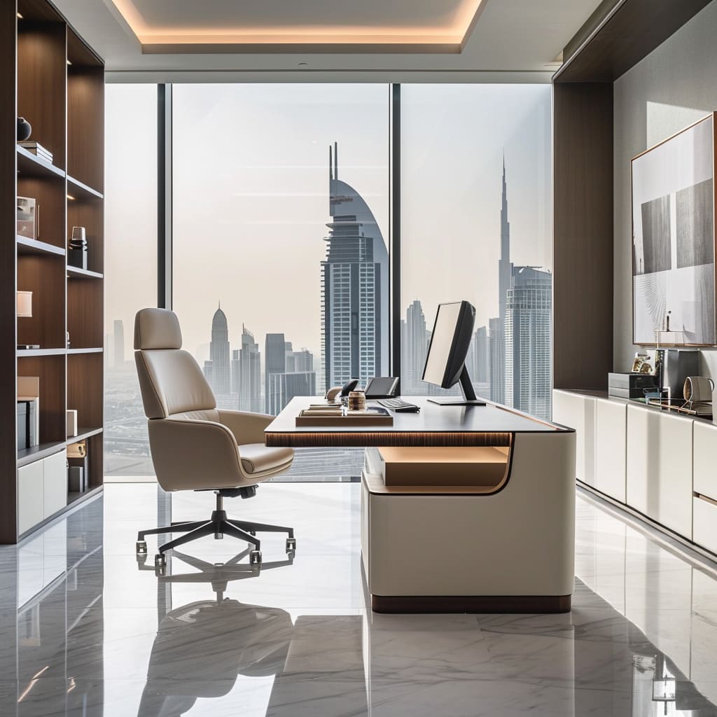 Professional presence with a manager workspace with view to Dubai Downtown that showcases opulent furnishings and sleek design.