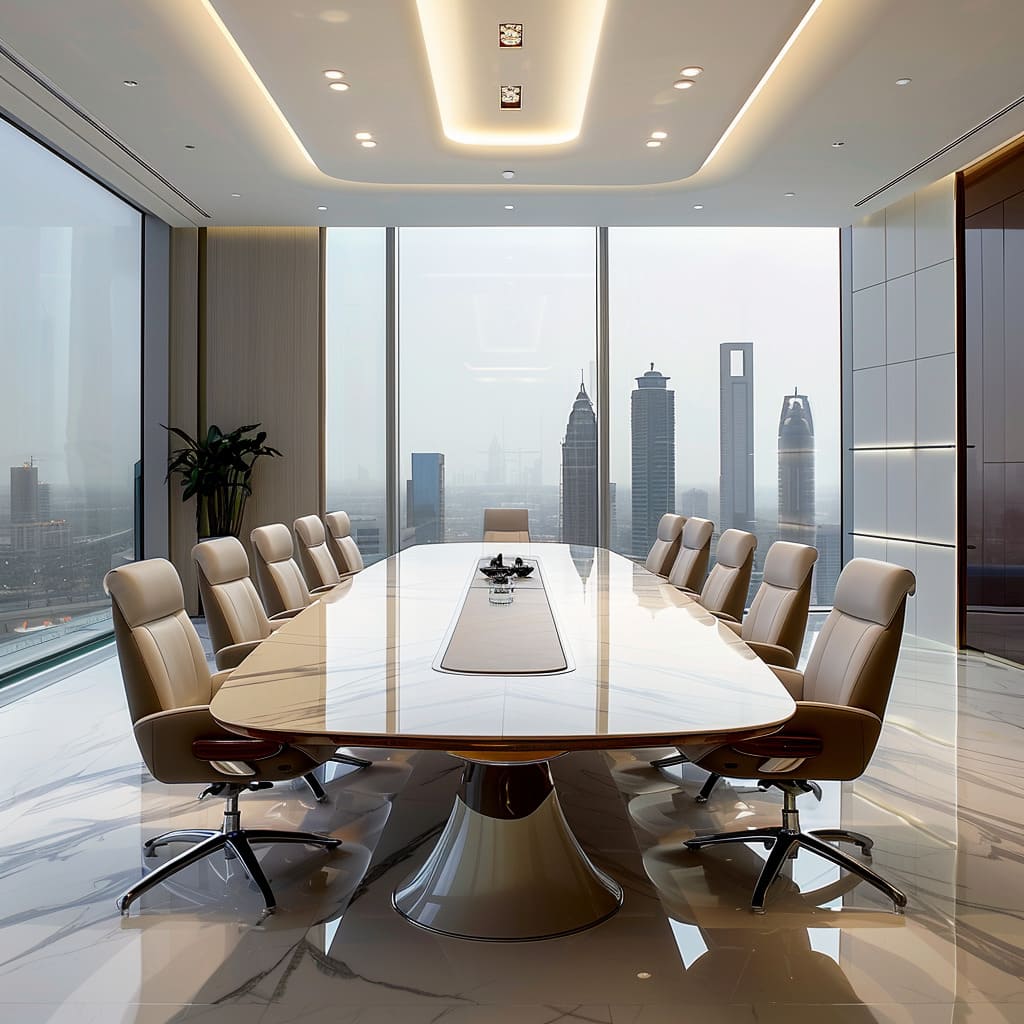 A sleek and minimalist design aesthetic enhances productivity and focus in the board room