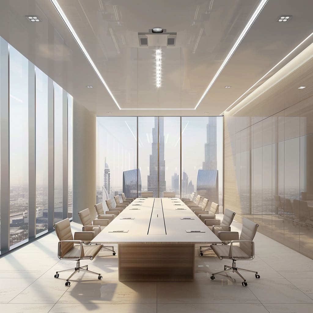 Customized large meeting table and ergonomic furniture ensure comfort and efficiency for employees