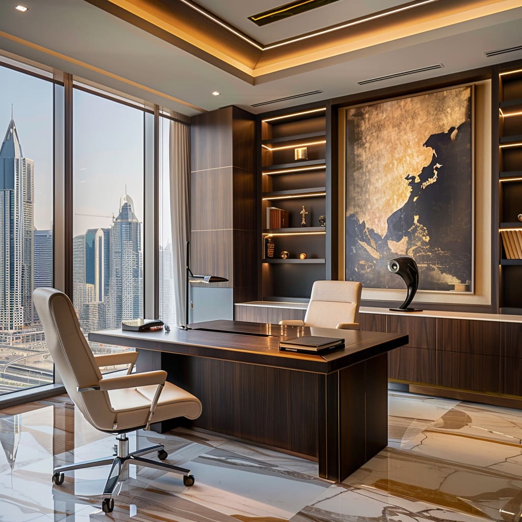 The executive office interior features high-end finishes and bespoke furnishings for a prestigious atmosphere.