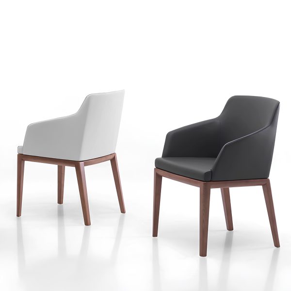 2 chairs with wood frame and sleek fabric seat.