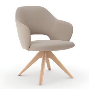 An armchair with fabric upholstery in a light hue