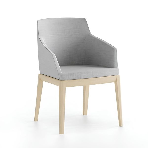 Elegant grey armchair with light wood legs.