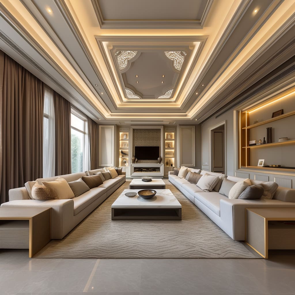 A classical majlis seating with gypsum ceiling design