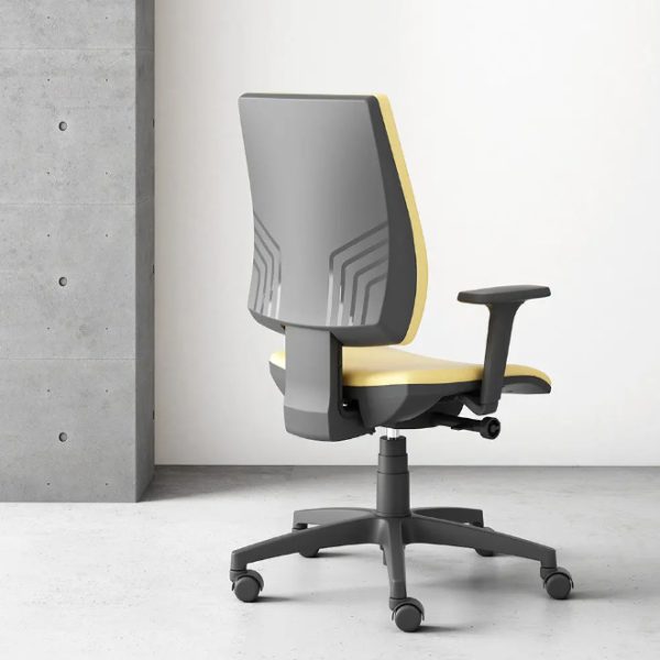 A contemporary office chair designed with a cushioned red backrest