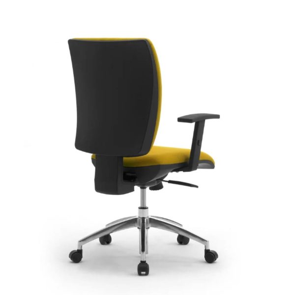 A contemporary office chair with ergonomic features and a striking blue back