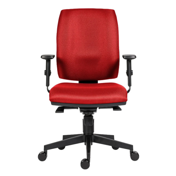A durable office chair with a striking red and black color combination