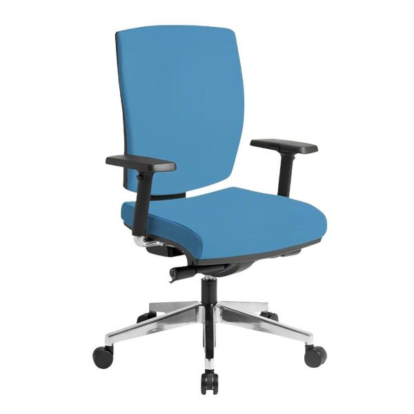 A high-back office chair with a sturdy chrome base and caster wheels.
