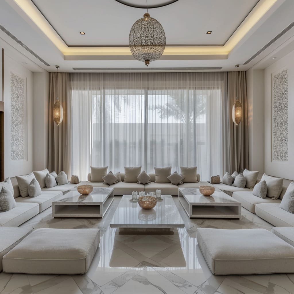 A stylish modern floor majlis seating in light color scheme