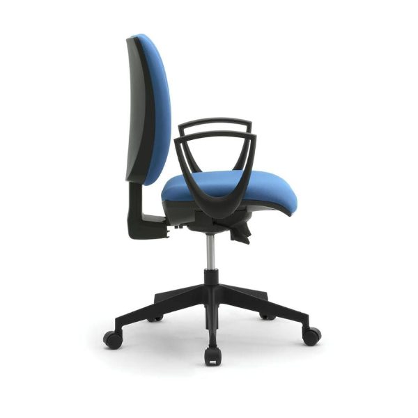 A modern office chair designed with a supportive black back and cushioned blue seat