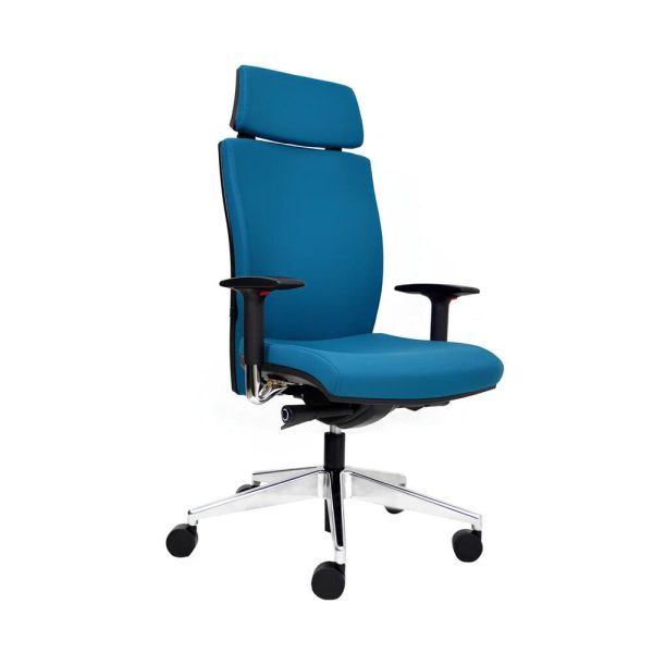 A modern office chair with a blue cushioned seat and backrest.