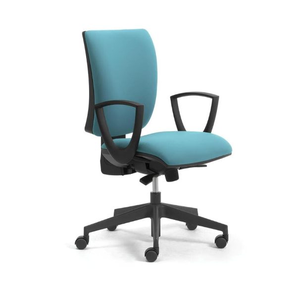 A sleek office chair with a supportive blue backrest and black base for modern workspaces