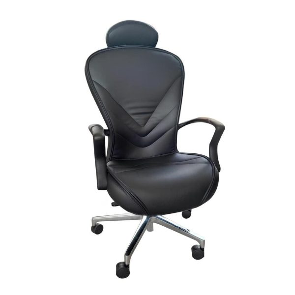 A stylish black leather office chair with a polished metal frame.