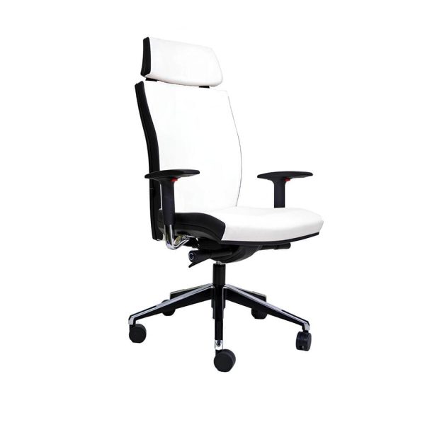 A stylish white desk chair with adjustable armrests and a sleek design.