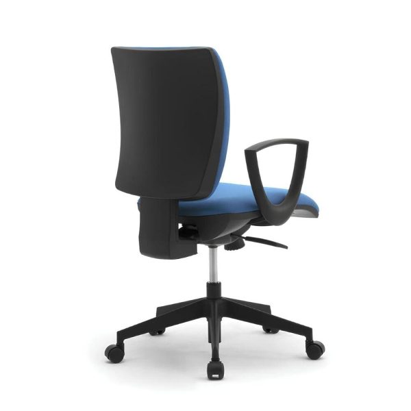 An office chair featuring a minimalist design with a comfortable blue backrest