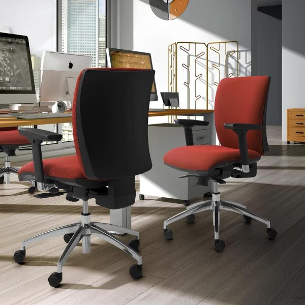 An office chair with a black base and blue fabric, combining durability and style