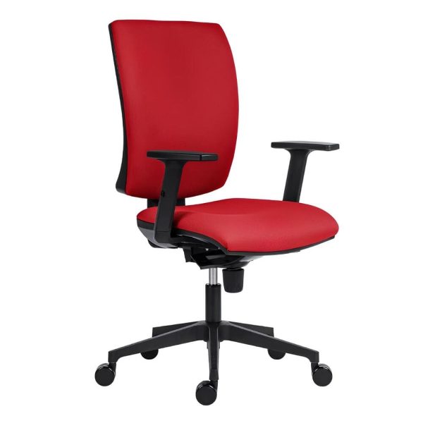 Designed for comfort and style, this chair combines a contoured black back with vivid red seat cushioning