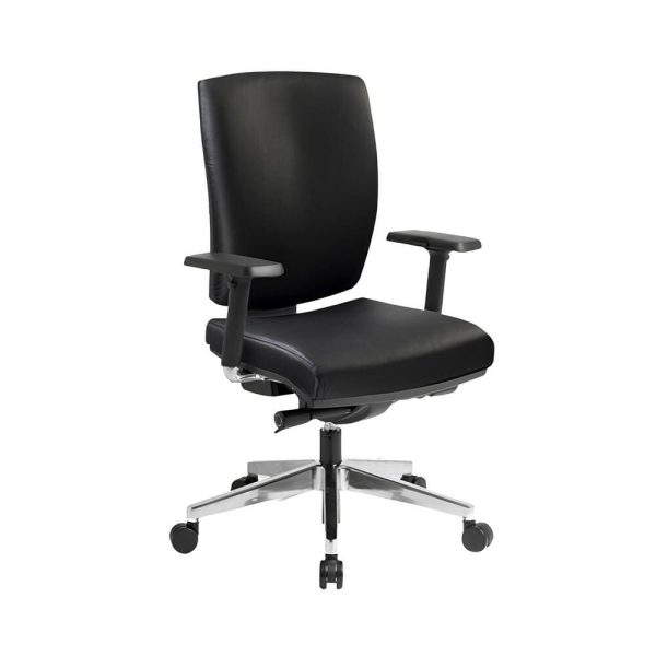 The black chair provides excellent lumbar support and ergonomic comfort.