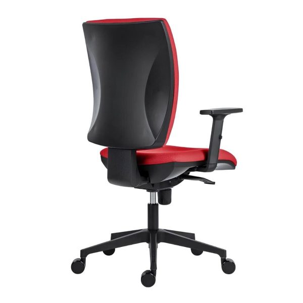 The chair boasts adjustable armrests and a sturdy black base