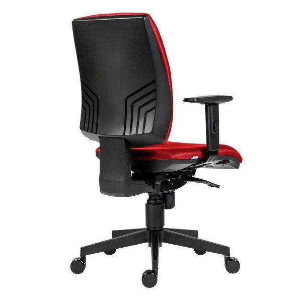 The chair provides a stylish look with its red upholstery and black base