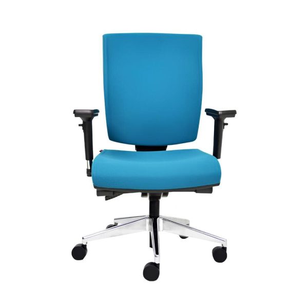 The chair's blue upholstery adds a vibrant touch to any office.