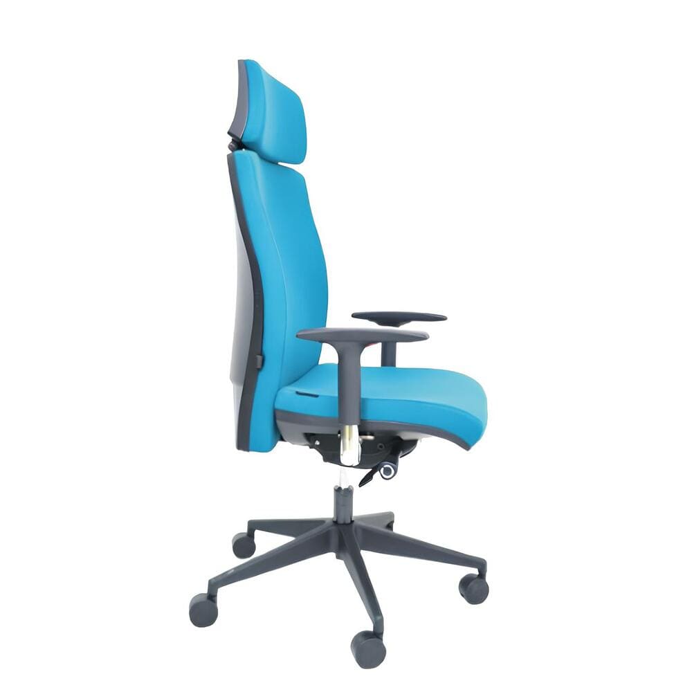 The ergonomic chair features a headrest for added comfort.