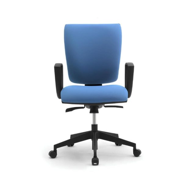 The office chair with a durable black frame and vibrant blue upholstery adds a pop of color
