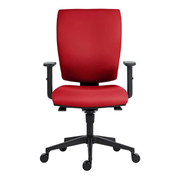 This office chair features a sleek black backrest with vibrant red upholstery