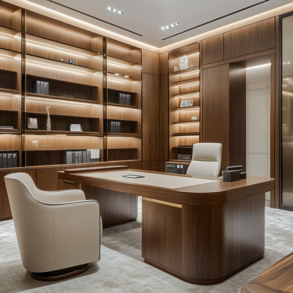 The room features a rich wooden desk and subtle lighting, enhancing the overall elegance of the interior