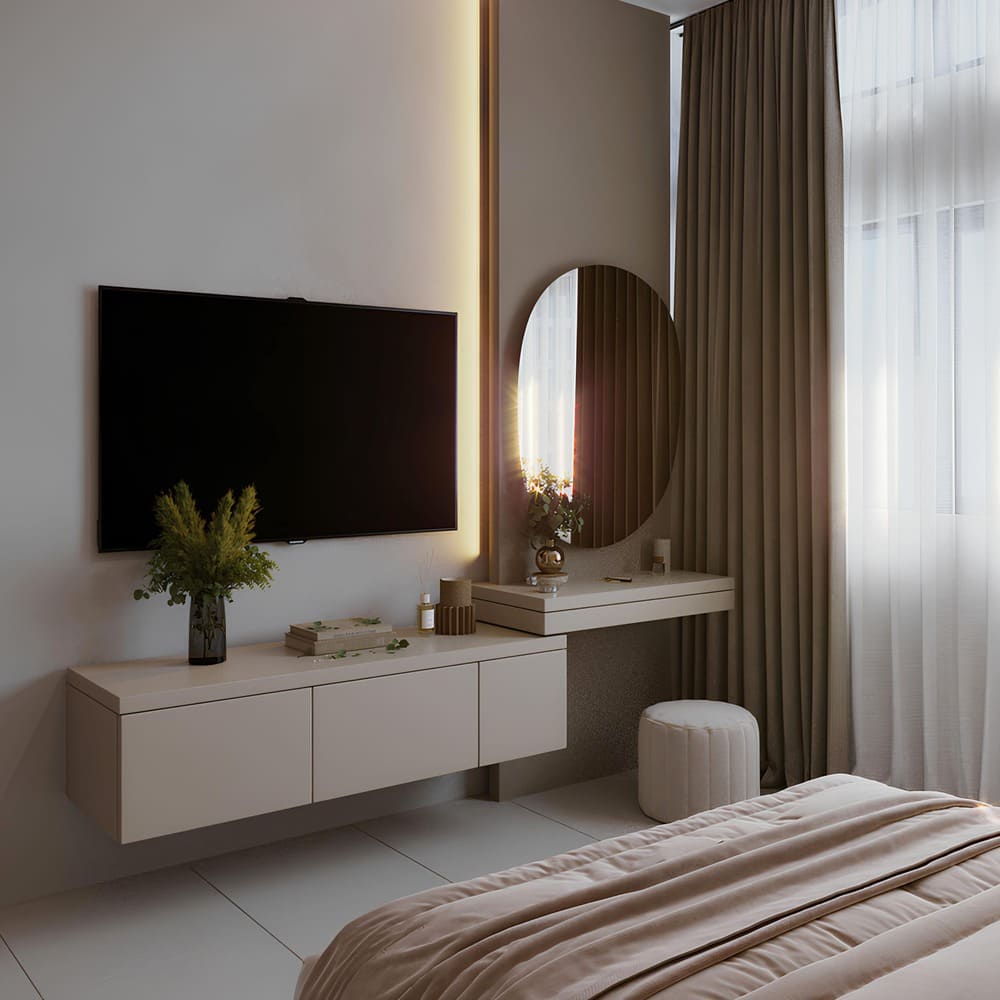 A bedroom TV wall unit with a make-up table